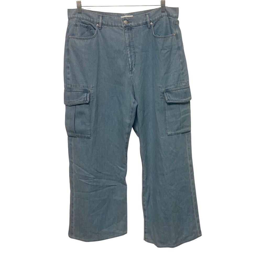 Loft Light Wash Blue Denim Wide Leg Cargo Jeans High Rise Utility Pants Size 16